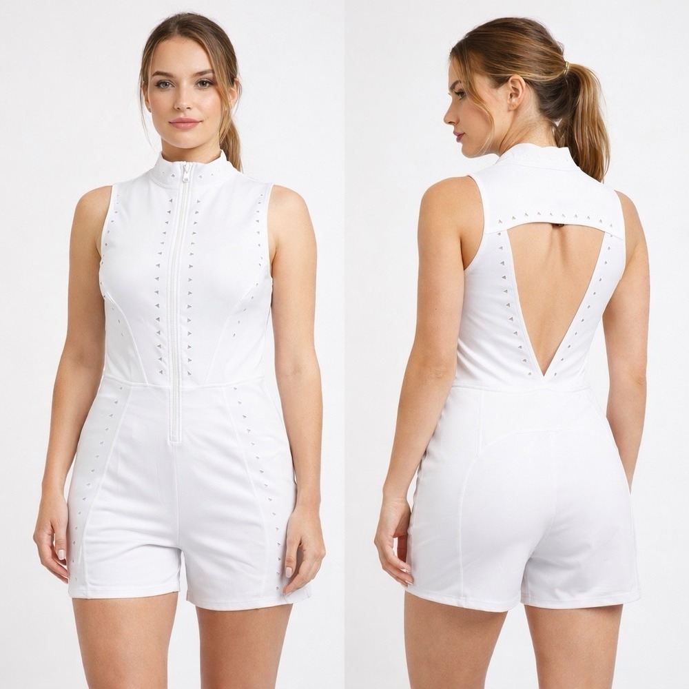 GIGI C Keelan Women's L White Romper Open Back Laser Cut Sport Luxe Resort Wear